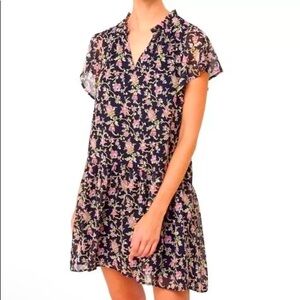 LOFT Dress Floral Drop Waist Ruffle Neck Gold Embroidered Polka Dot
